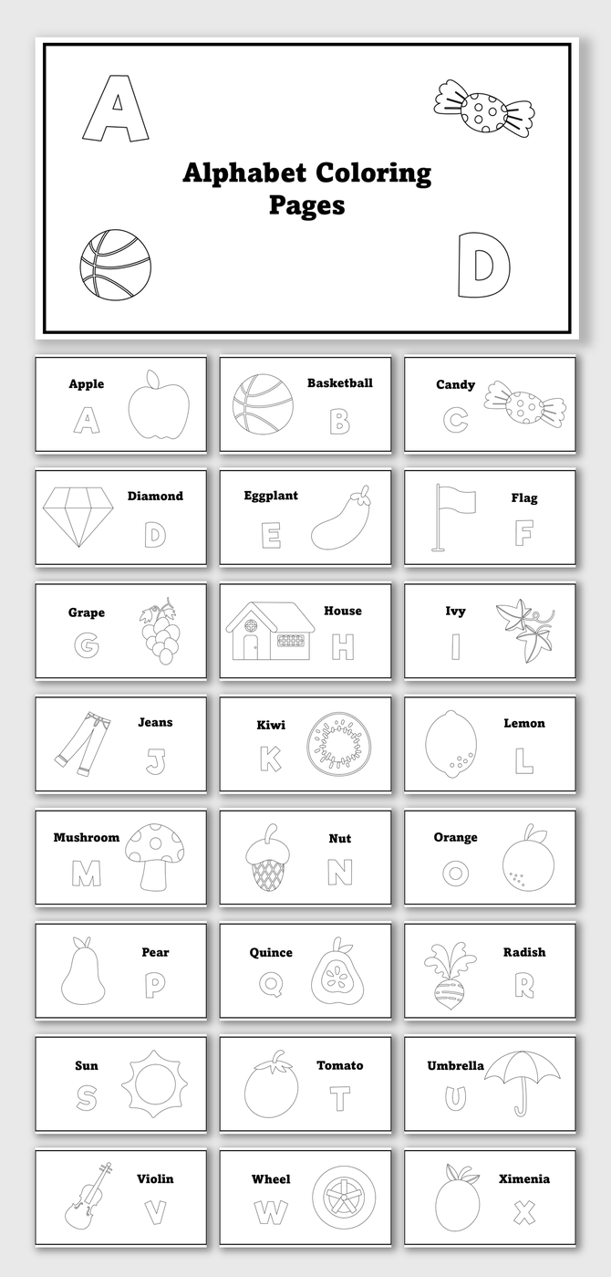 Alphabet Coloring Pages with A to Z letters, apple, candy, basketball, house, kiwi, mushroom, pear, tomato, violin, wheel.