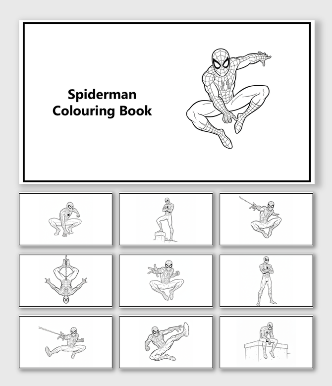Spiderman Colouring Book with superhero in action poses, web-slinging, crouching, jumping, sitting, and outlined shapes.