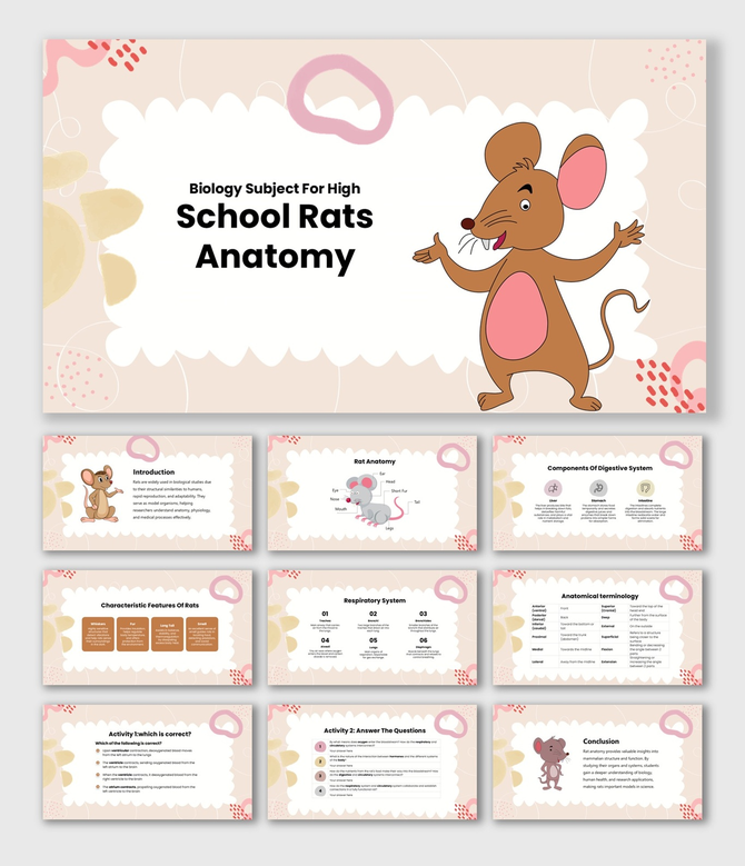 Biology Subject For High School Rats Anatomy slides with labeled organs, systems, terms, and quizzes.