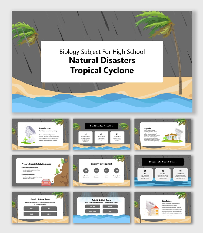 Biology Subject For High School Natural Disasters Tropical Cyclone slides with visuals, stages, safety, and quiz.