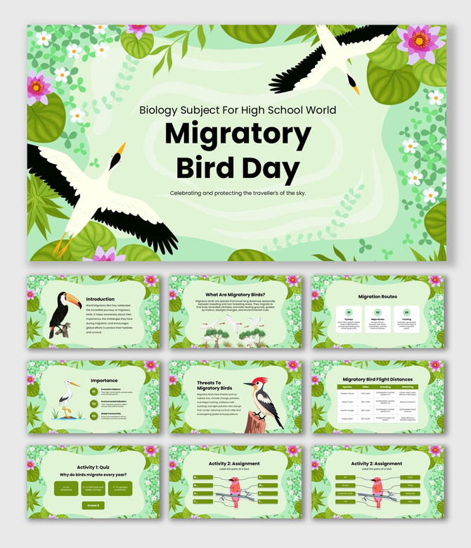Biology Subject For High School World Migratory Bird Day slides with birds, routes, threats, and quizzes.