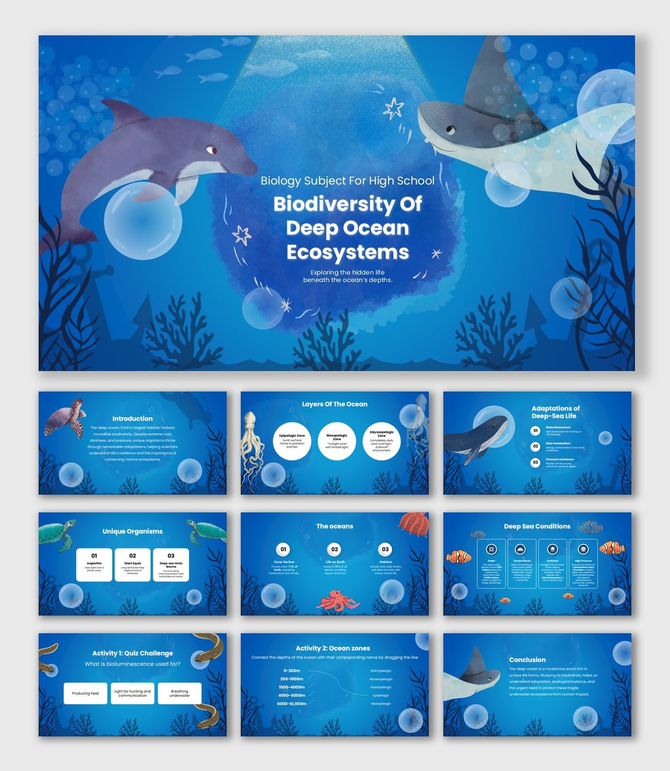 Biology Subject For High School Biodiversity Of Deep Ocean Ecosystems slides with ocean life visuals.