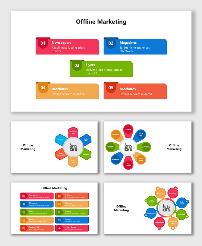 Offline Marketing with newspapers, magazines, flyers, brochures, billboards, radio, TV ads, trade shows, and events.