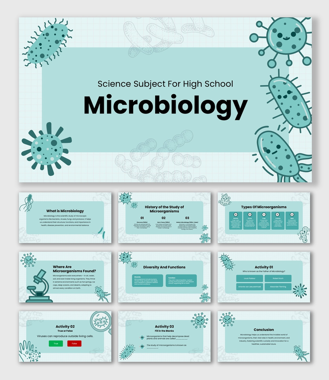 Science Subject For High School Microbiology with bacteria, viruses, microbes, charts, and quiz visuals.