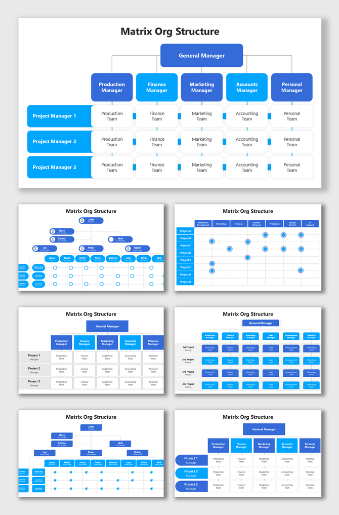 Matrix Org Structure Chart showing hierarchy, coordination, and team flow with labeled blue boxes and dotted lines.