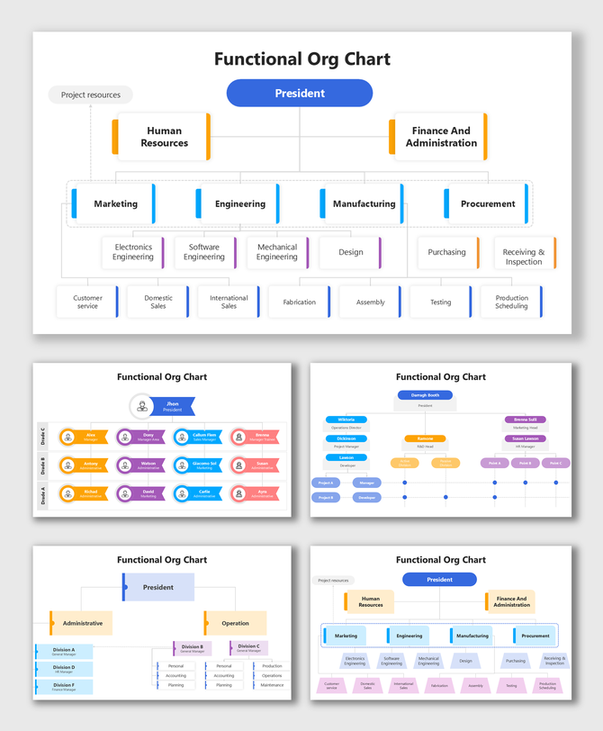 Functional Org Chart showing hierarchy, roles, and departments in colorful structured boxes and lines.