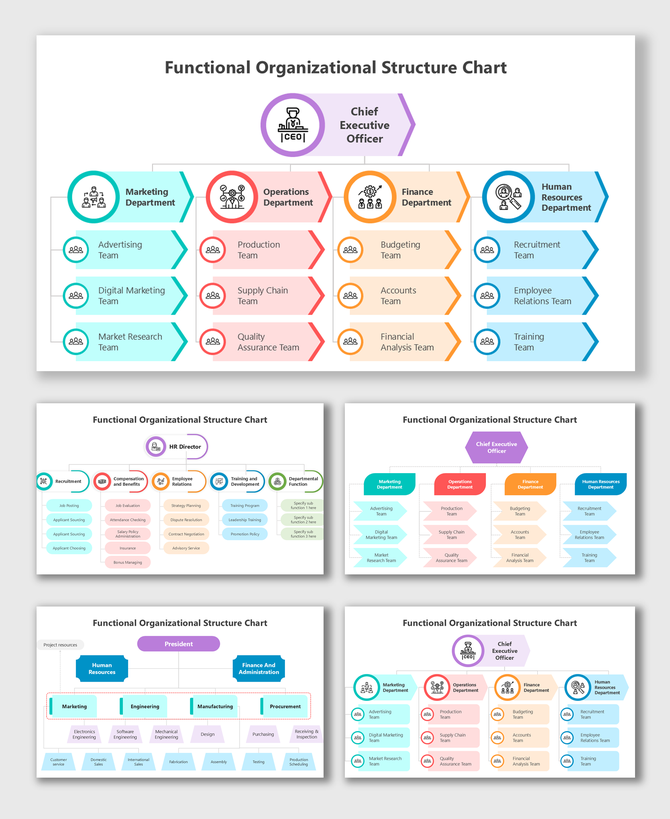 Functional Organizational Structure Chart showing CEO-led, color-coded departments and team hierarchy.
