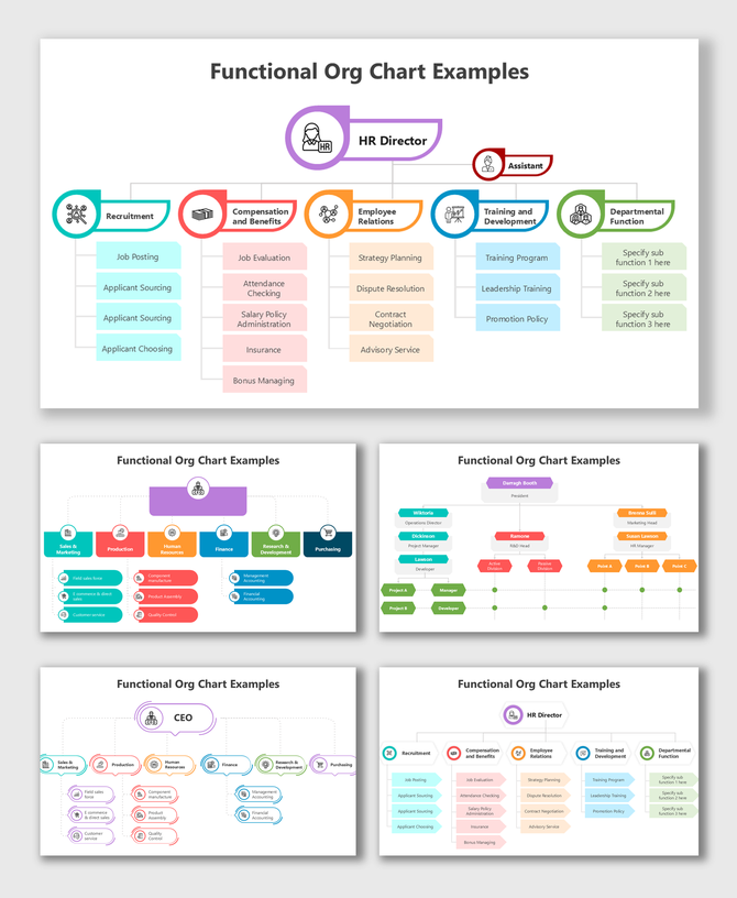 Functional Org Chart Examples showing HR, finance, and departments in colorful structured flow with icons.