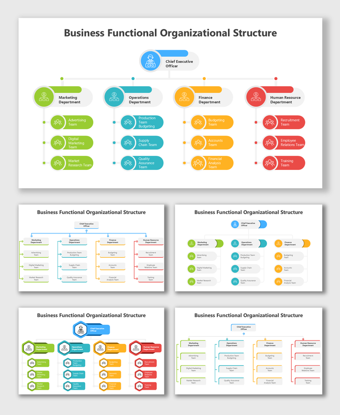 usiness Functional Organizational Structure showing CEO, departments, and teams in colorful flow layout.