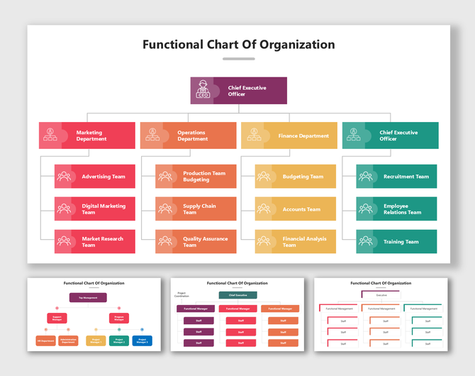 Functional Chart Of Organization showing CEO, teams, and departments in colorful structured hierarchy flow.