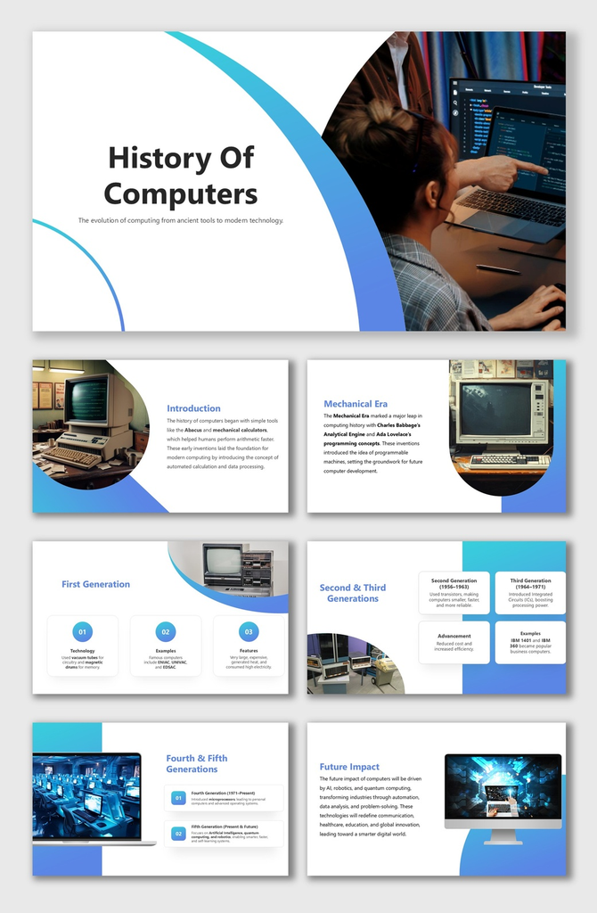 History Of Computers showing evolution from old machines to modern AI with blue curved tech visuals.