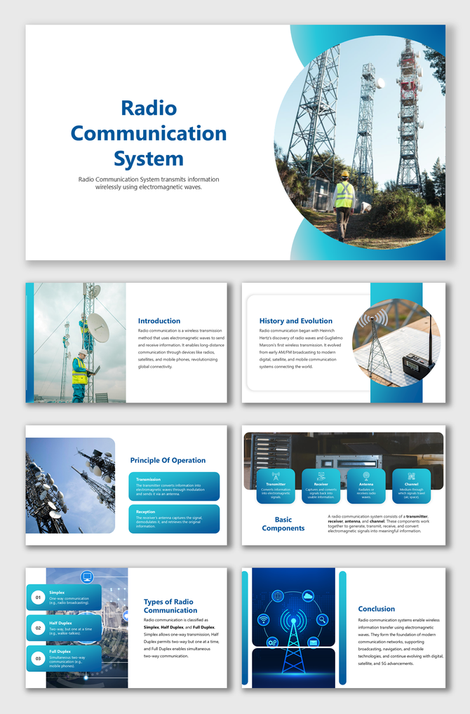 Radio Communication System showing antennas, towers, signals, and blue gradient design with icons.