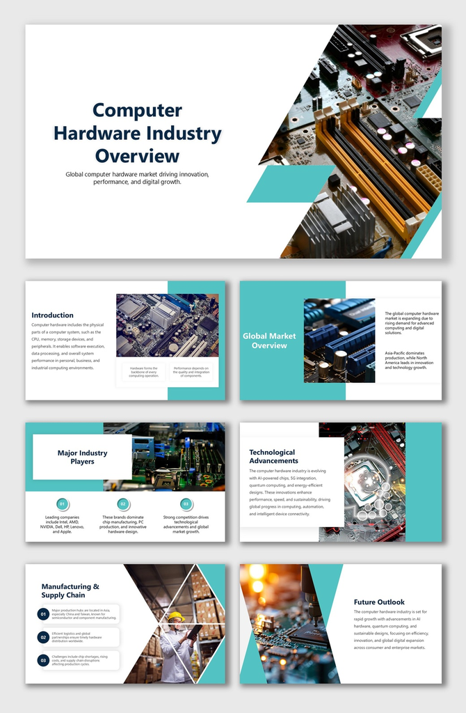 Computer Hardware Industry Overview with chips, circuits, teal layout, and global tech market visuals.