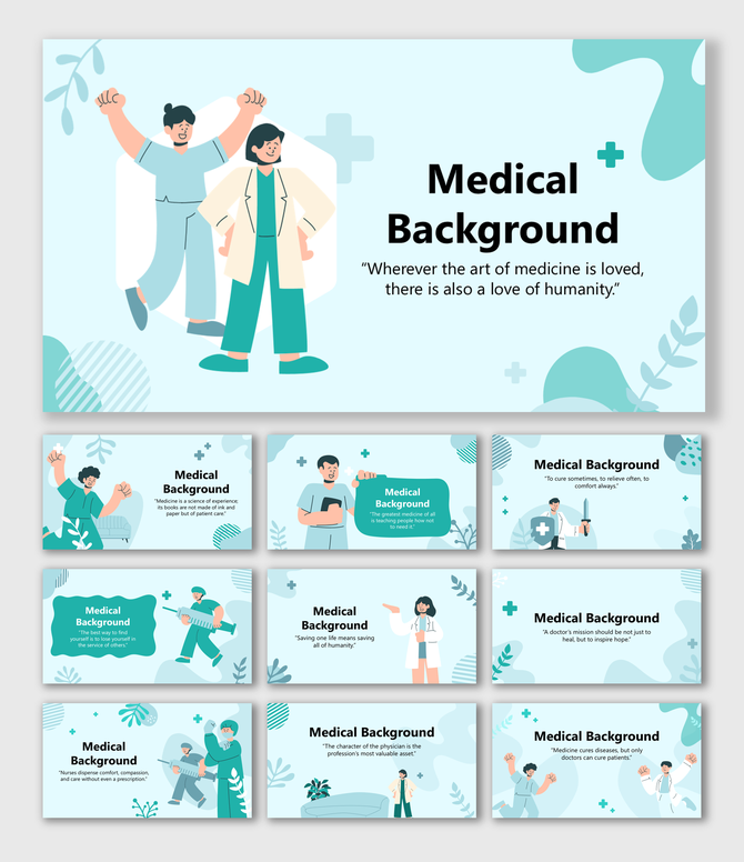 Medical PowerPoint Slide Background with doctors, nurses, icons, and teal-white abstract healthcare design.