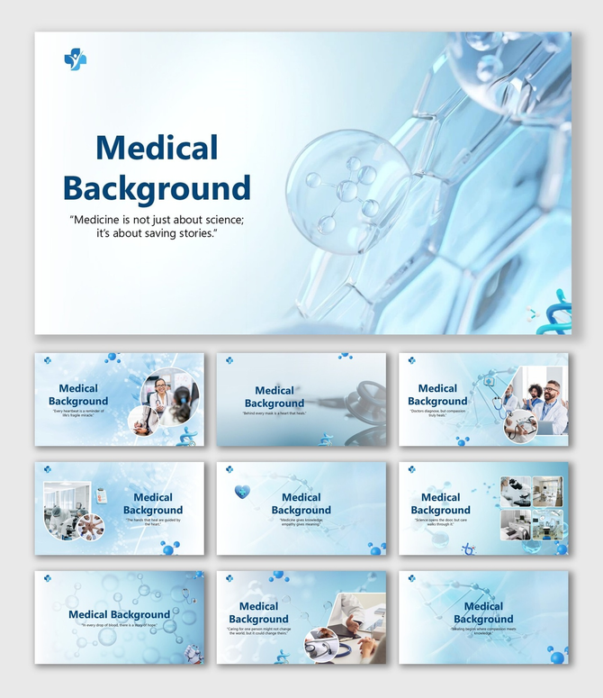 Medical Background PPT with doctors, lab tools, DNA graphics, molecules, and blue-white medical theme design.