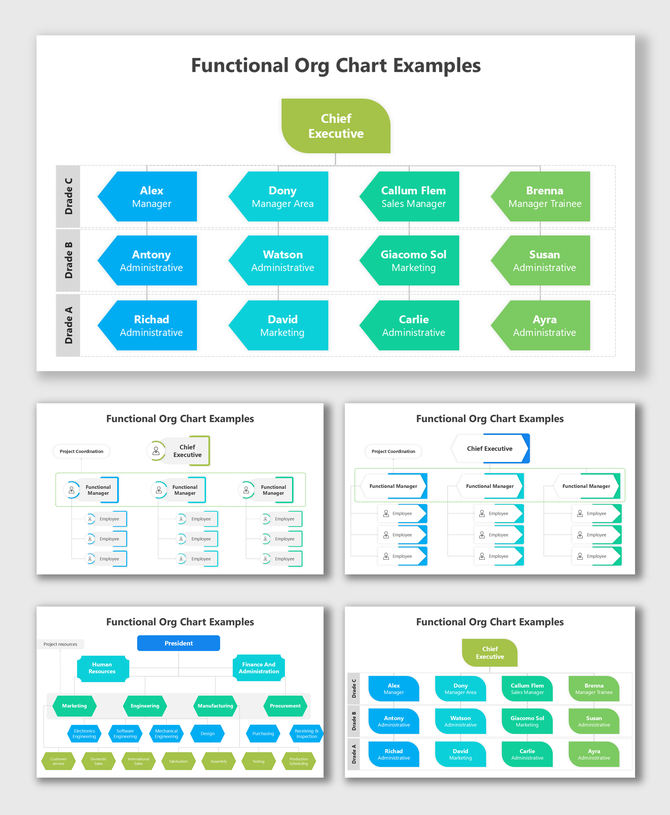 Functional Structure Organizational Chart showing managers, employees, and departments in blue-green layout.