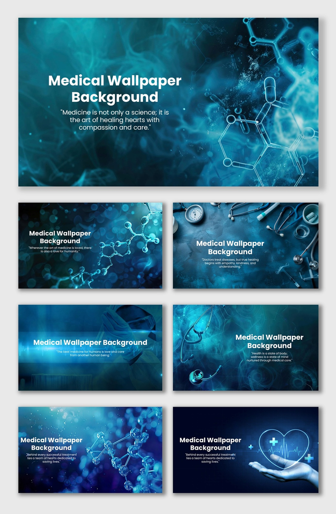 Medical Wallpaper Background with molecules, DNA helix, stethoscope, heart icon, lab tools, and blue glowing theme.