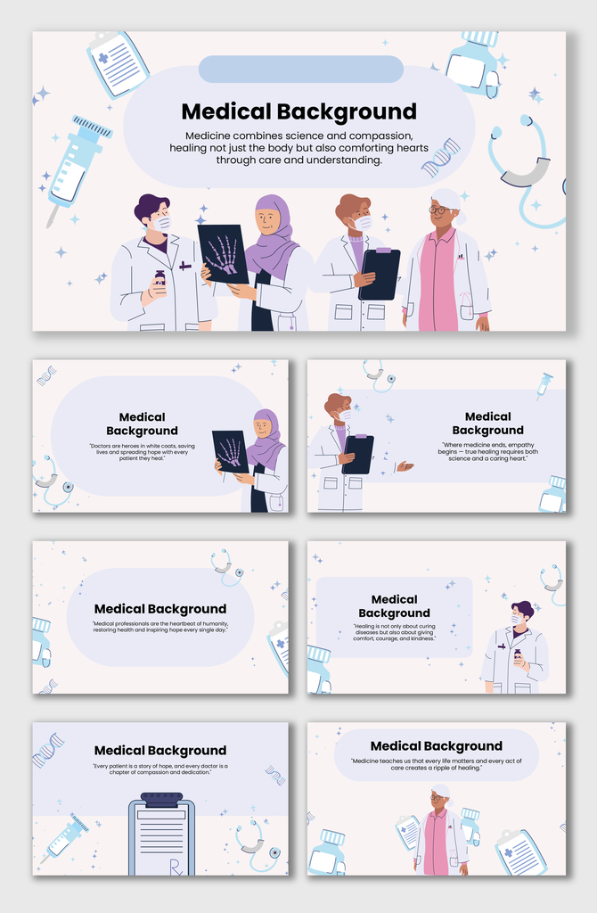 Background Medical with doctors, stethoscope, syringes, DNA helix, lab tools, clipboards, and pastel blue theme.