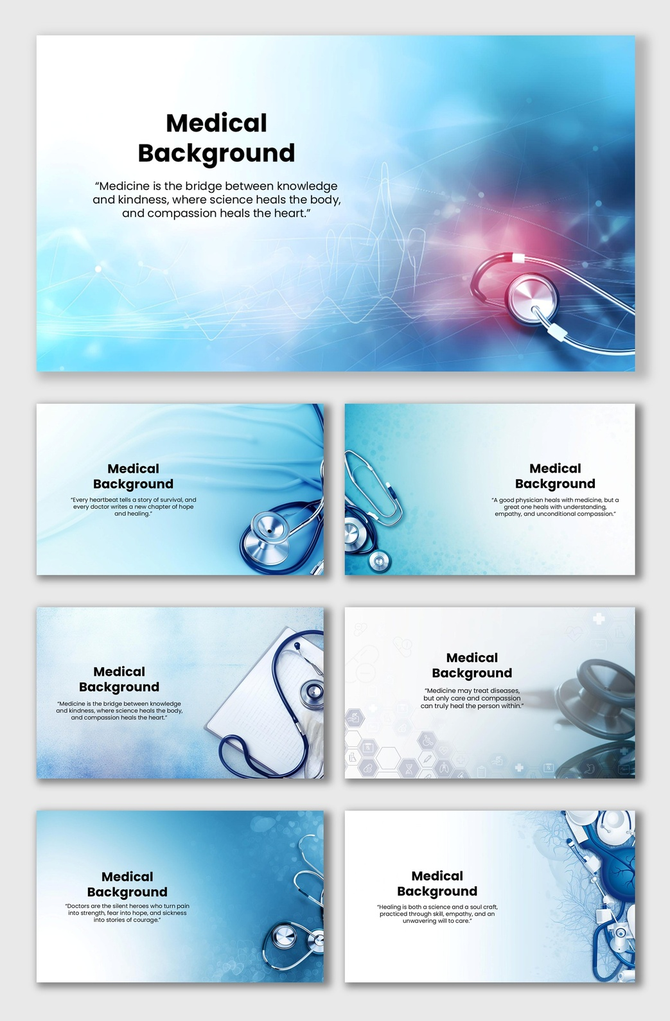 Background Images Medical with stethoscope, ECG lines, heart icons, medical tools, and soft blue-white gradient theme.