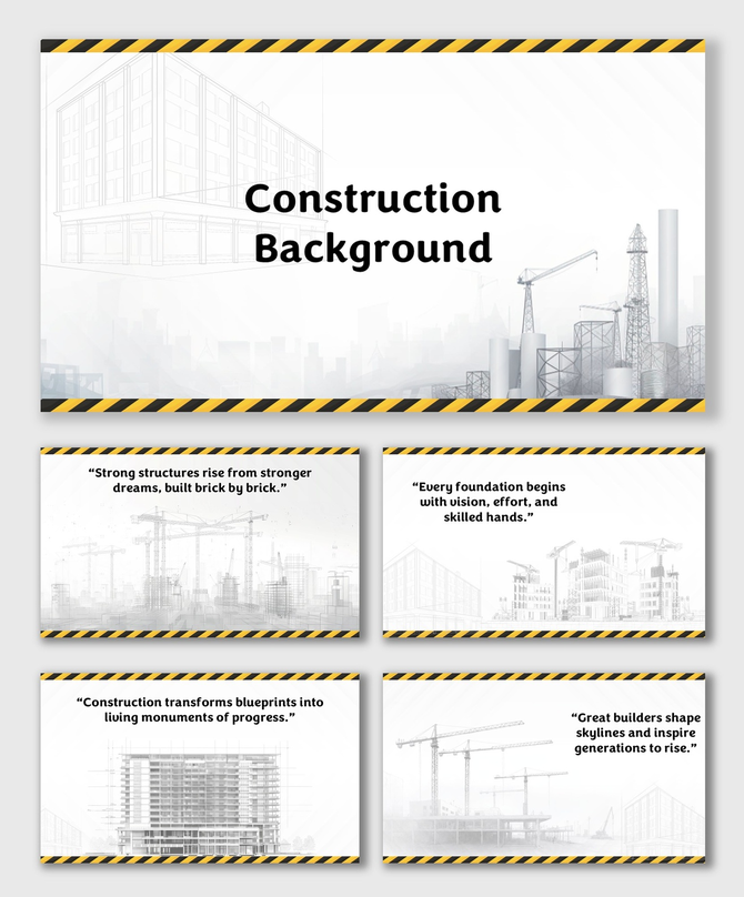 Construction Background with cranes, sketches, and yellow-black borders on clean gray-white presentation design.