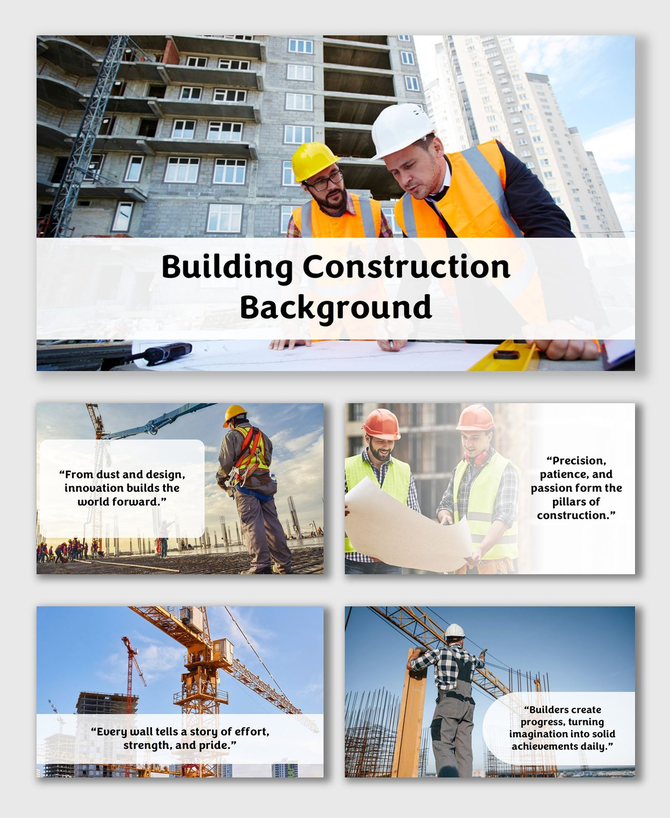 Building Construction Background with cranes, workers, blueprints, and modern city visuals in clean white layout.
