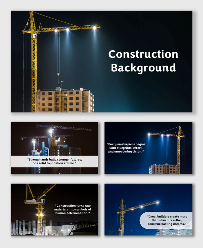 Background Construction Site with cranes, lights, and towers under construction on a glowing night skyline.