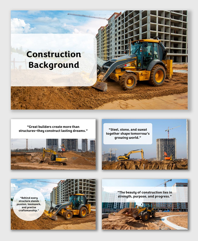 Construction Background PowerPoint with cranes, loaders, and city site visuals on sandy terrain under blue sky.