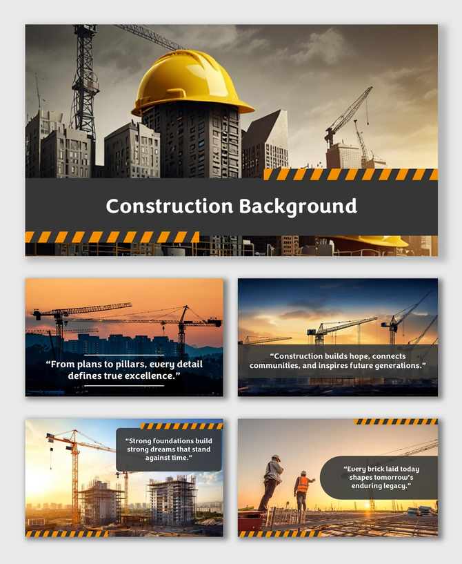 Construction Backgrounds with cranes, workers, and towers in orange-black theme under warm sunset tones.