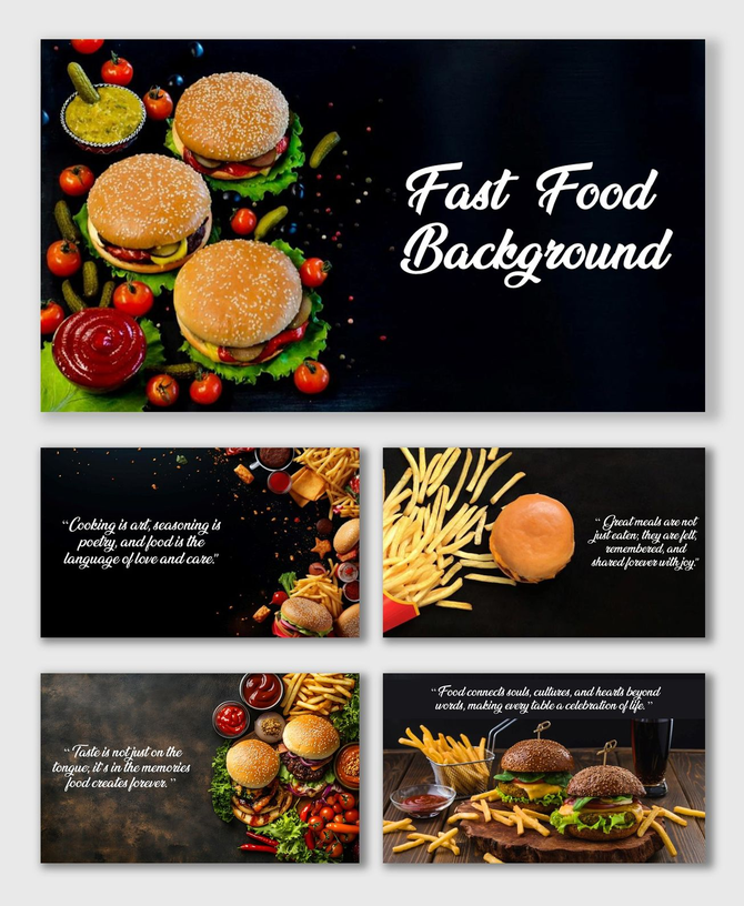 Fast Food Restaurant Background with burgers, fries, and sauces arranged on dark rustic table layout.