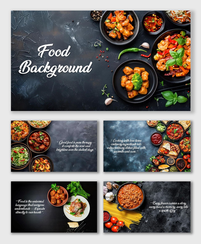 Food Background Pictures with mixed dishes, sauces, and herbs on dark textured tabletop for culinary slides.