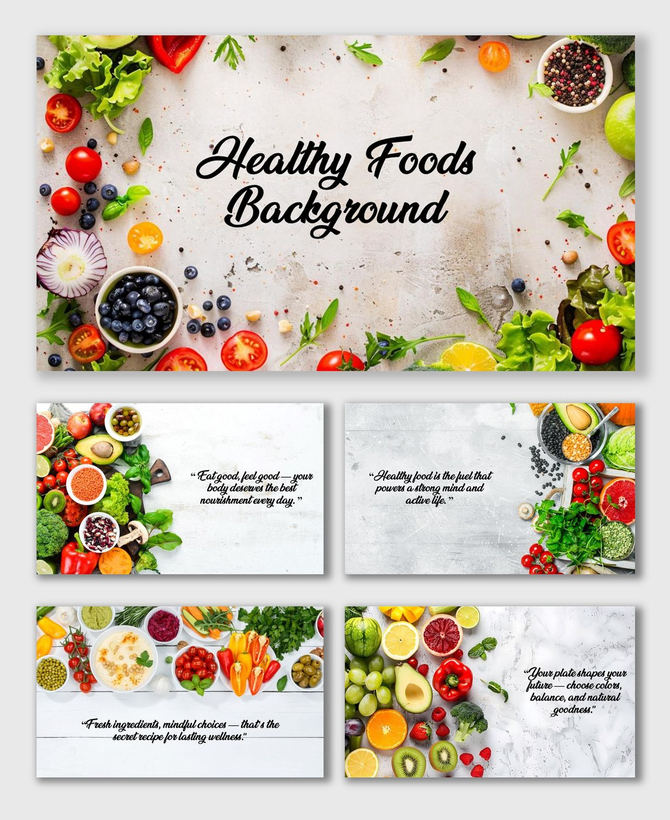 Healthy Foods Background with fruits, veggies, and grains arranged on white table for diet or wellness slides.