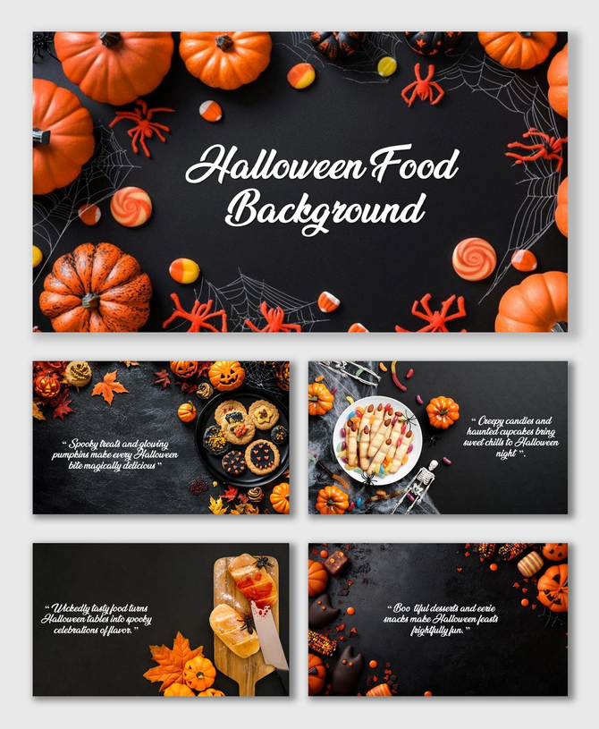 Halloween Food Background with pumpkins, candies, and spooky snacks arranged on black festive surface.