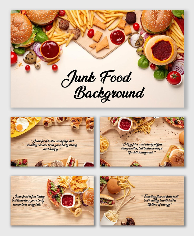 Junk Food Background with burgers, fries, and sauces arranged neatly on wooden surface for food slides.