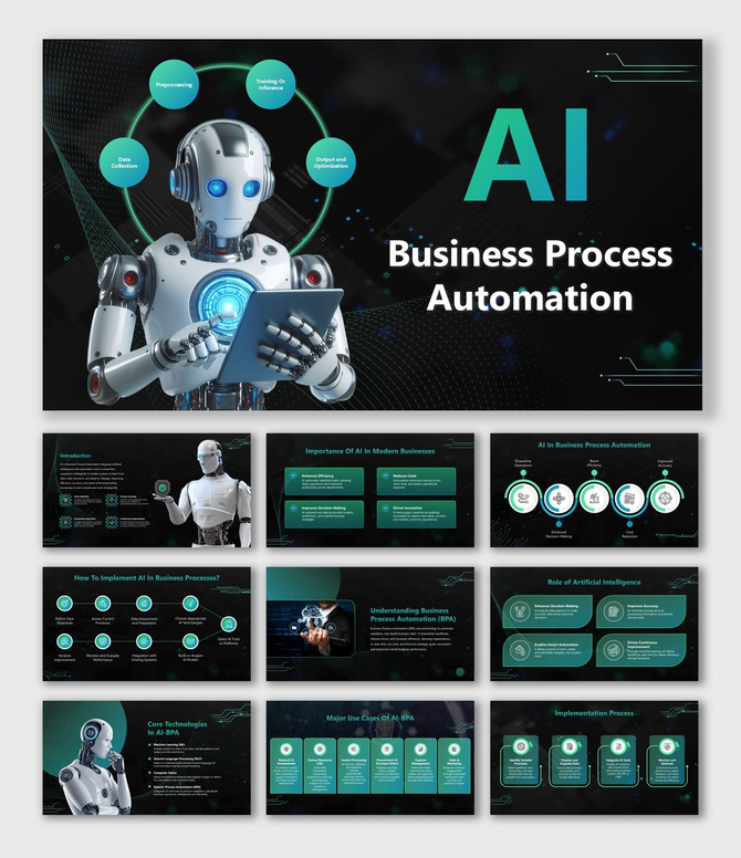 AI Business Process Automation with robots, process icons, neon circuits, and teal-black futuristic slide design.
