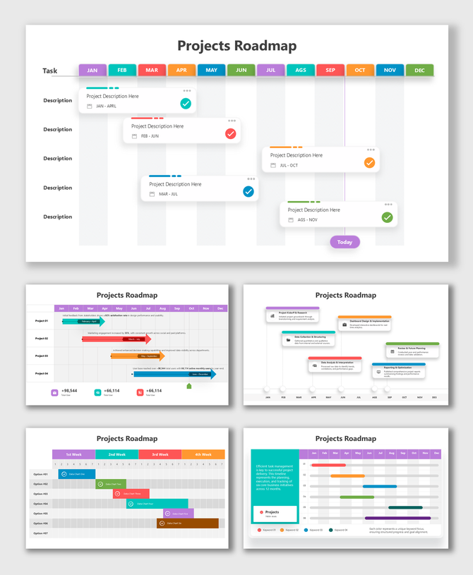 Roadmap For Projects with colorful timeline bars, tasks, milestones, and monthly progress tracking visuals.
