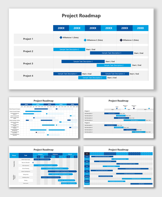 PowerPoint Project Roadmap with blue timeline bars, milestones, and labeled tasks for yearly progress tracking.