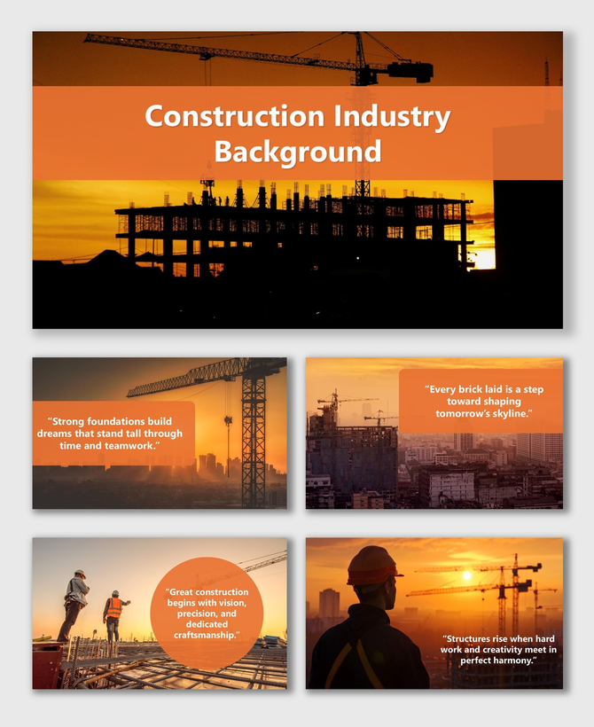 Construction Industry Background with cranes, workers, and city skyline glowing under orange sunset sky.