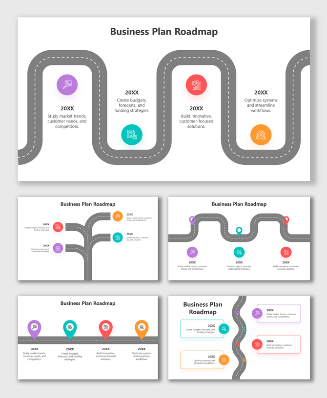 Business Plan Roadmap with curved road design, milestone icons, text boxes, and colorful planning visuals.