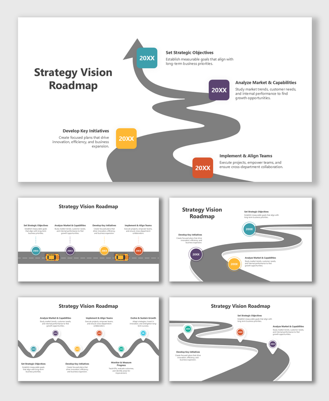 Strategy Vision Roadmap with curved road path, milestone icons, and text boxes showing business goals and strategies.