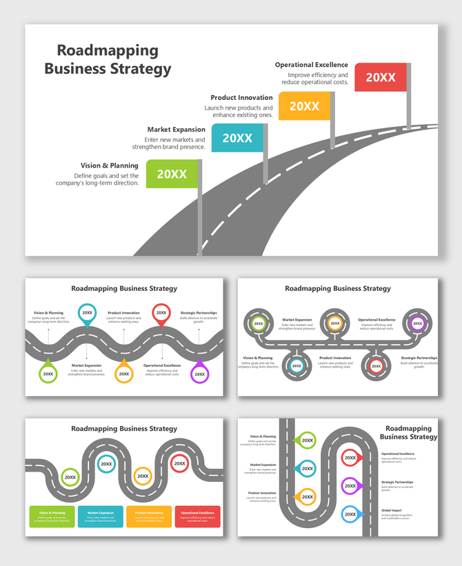 Roadmapping Business Strategy with curved road, colorful milestones, icons, and text holders for strategy stages.