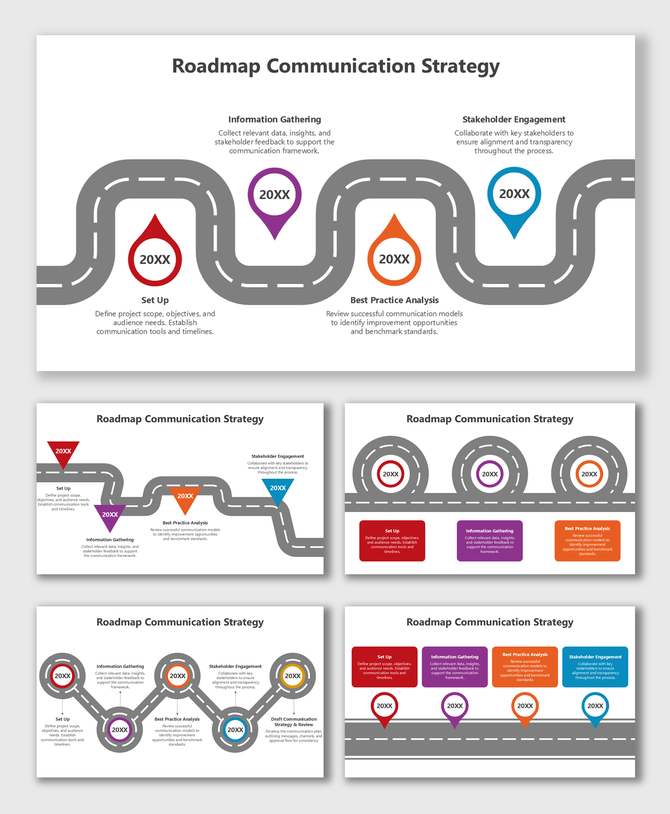 Roadmap Communication Strategy with curved road, colored markers, year labels, and phase text boxes.