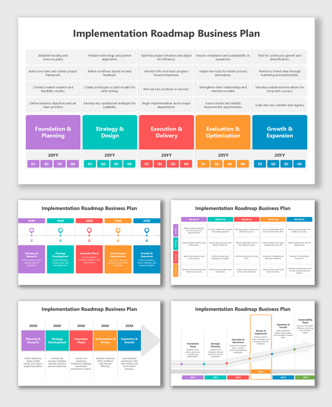Roadmap Communication Strategy with curved road, colored markers, year labels, and phase text boxes.
