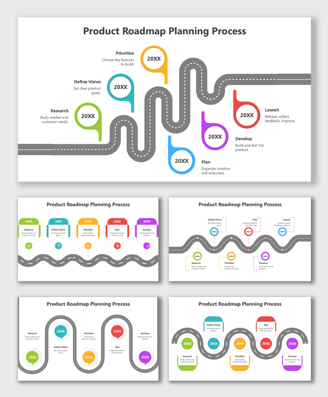 Product Roadmap Planning Process featuring color-coded stages, rounded tags, text boxes, and a zigzag grey road timeline flow
