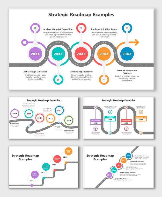 Strategic Roadmap Examples with colorful circle stages, icons, text labels, and curved road paths linking key actions.