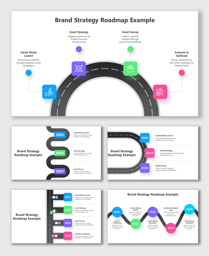 Brand Strategy Roadmap Example with colorful icons, labels, and curved road paths showing steps like launch, events, survey.