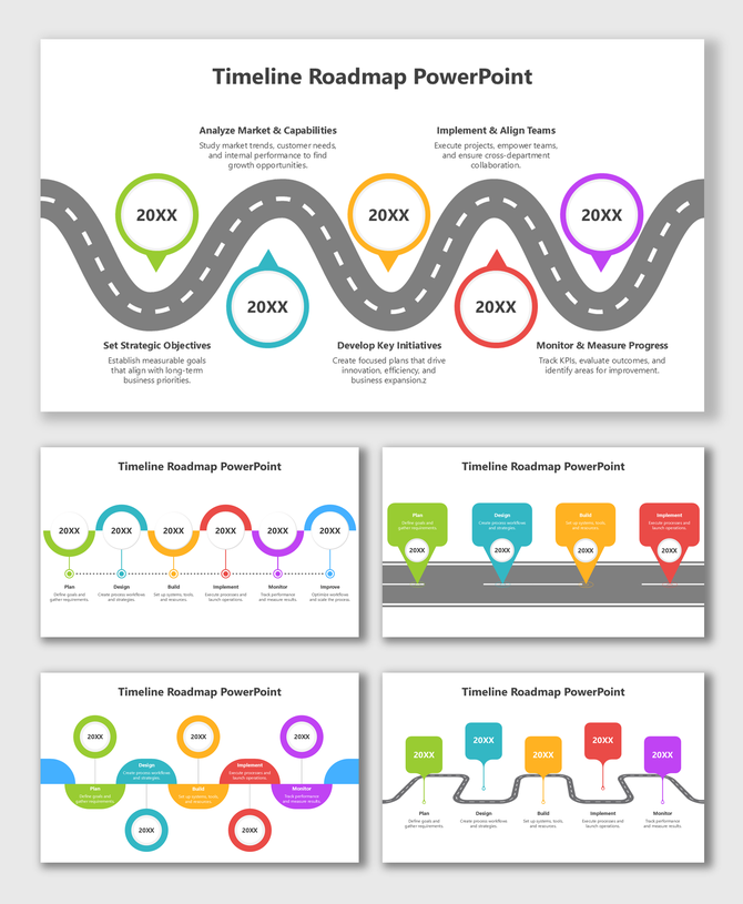 PowerPoint Roadmap Timeline using bright color circles, location-style markers, year labels, and text blocks for each step.