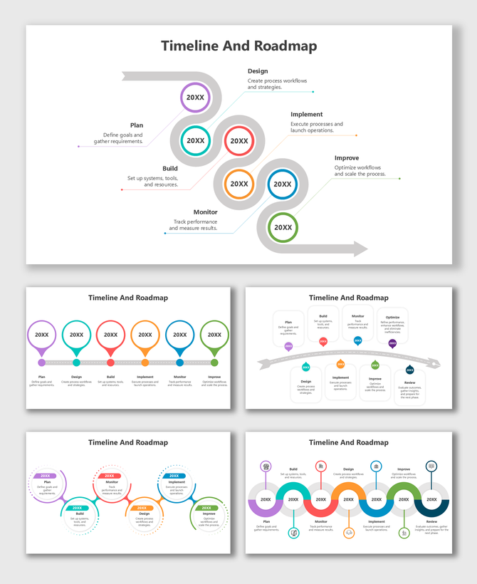 Timeline And Roadmap layout showing multicolor phase circles, icons, year tags, arrows, and clean text holders for each step.