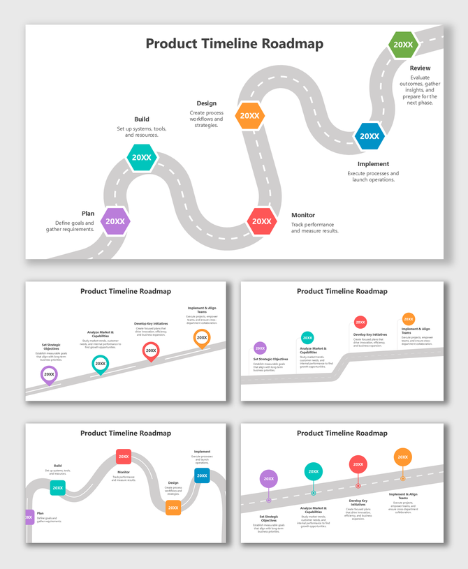 Product Timeline Roadmap using bright color tags, year labels, text holders, and curved road flow to show each product phase.