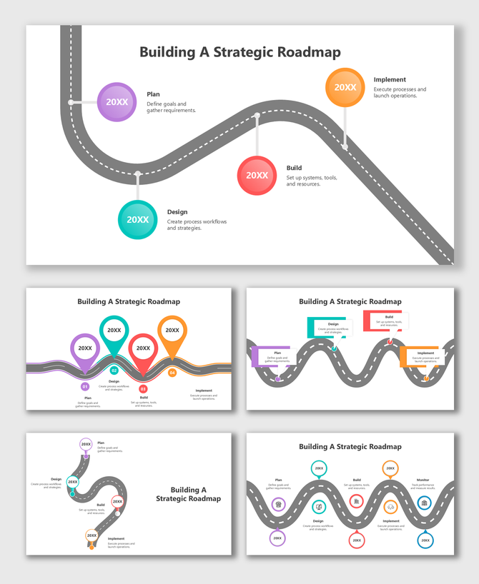 Building A Strategic Roadmap with colorful markers, icons, text blocks, and winding road paths showing plan-design-build step