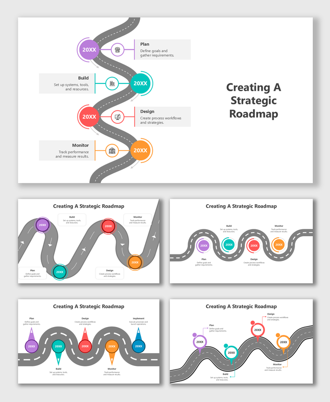 Creating A Strategic Roadmap slide with color-coded circles, icons, labels, and wavy road shapes linking all planning stages.